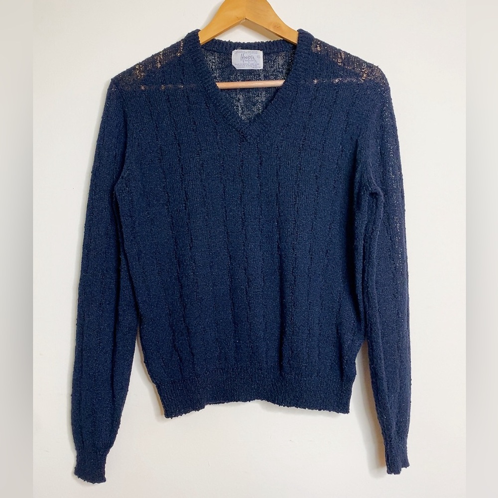 Navy Blue Open Knit V-Neck Long Sleeve Sweater Unisex size XL